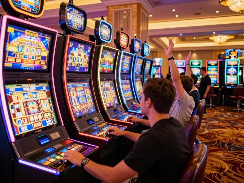 Players enjoying exciting situs slot games at colorful machines in a lively casino atmosphere.