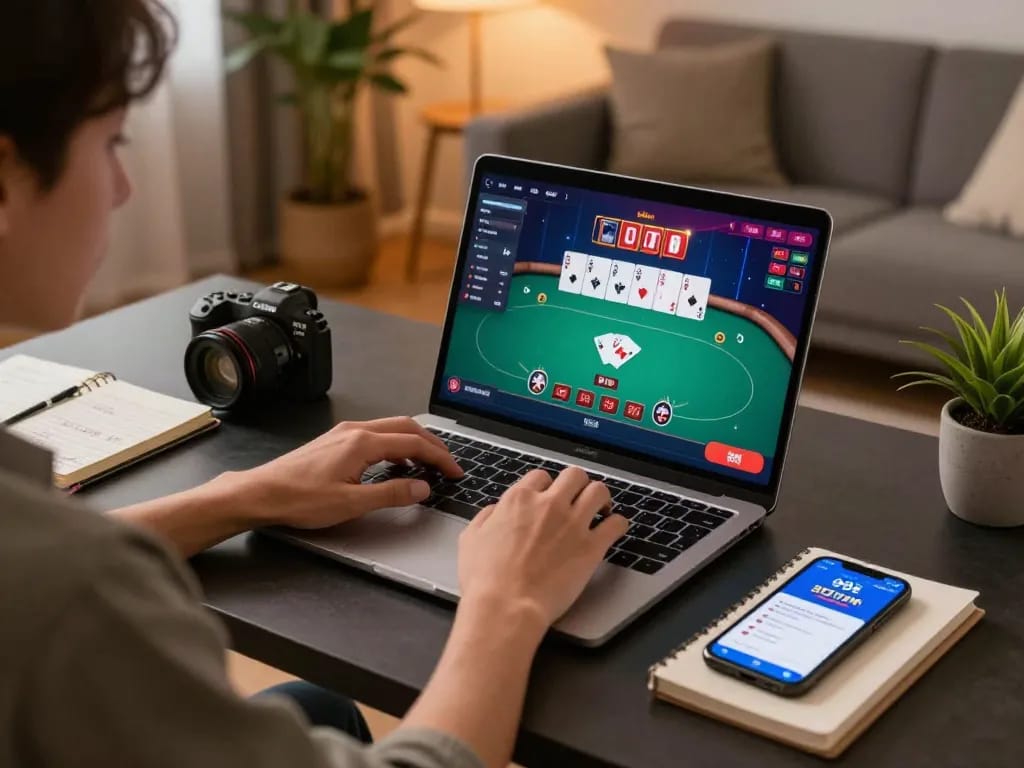 Player enjoying an online poker game on 99ok while analyzing strategy notes.