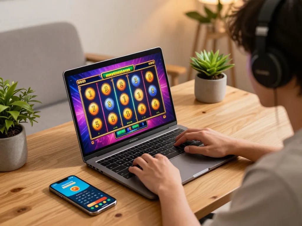 A vibrant online gaming setup showcasing a player enjoying kdslot on a laptop and smartphone, capturing excitement and strategic gameplay.