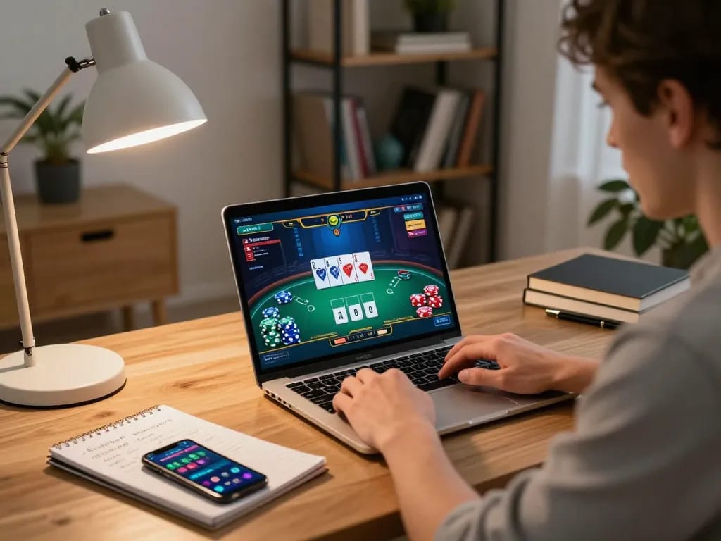 Orang yang menggunakan situs resmi untuk permainan poker online di laptop di rumah