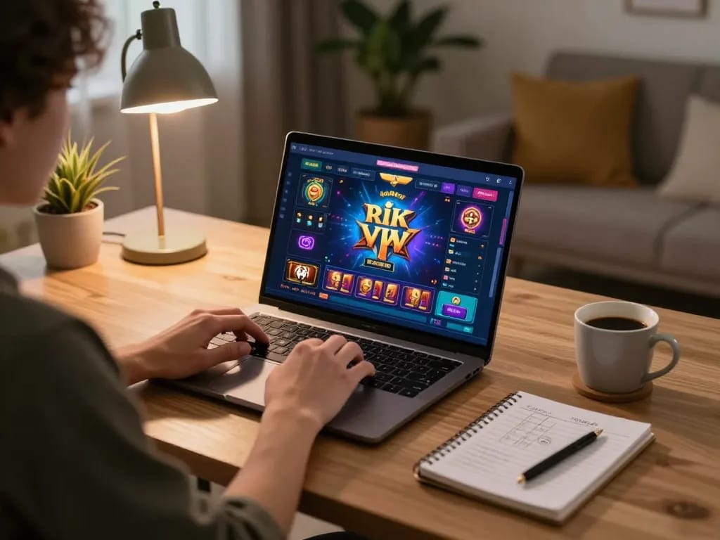 Engaging in rik vip online casino gaming from a cozy home setup with strategic notes.