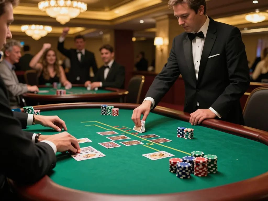 Players strategizing at an upscale blackjack table in XX88 casino, showcasing excitement and engagement.