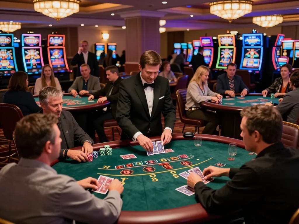 Players enjoying intense blackjack sessions at TT88 casino, dealers distributing cards