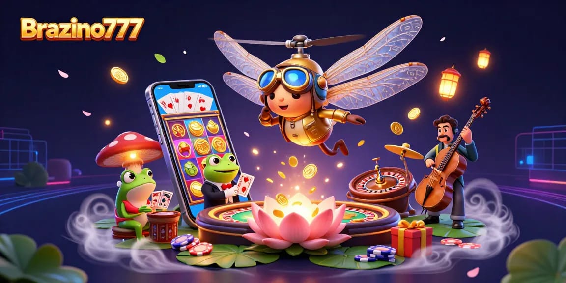 Brazino777 captivates players with vivid casino elements in a vibrant 3D illustration of exciting games.