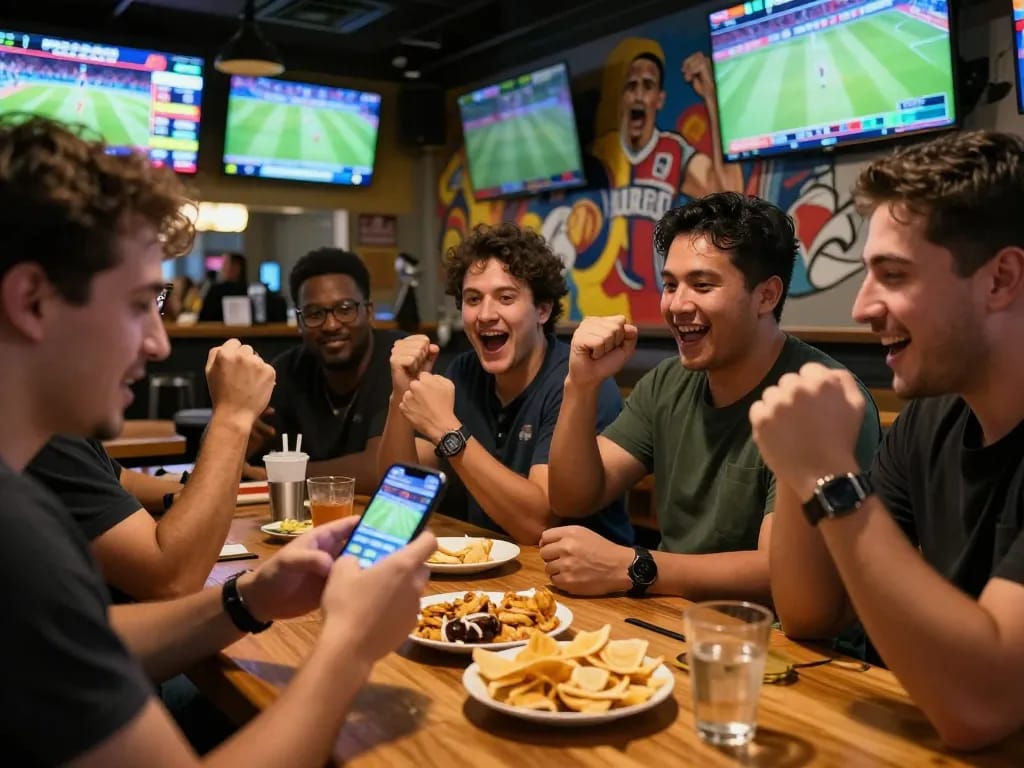Tỷ Lệ Bóng Đá betting excitement at a lively sports bar with friends cheering.