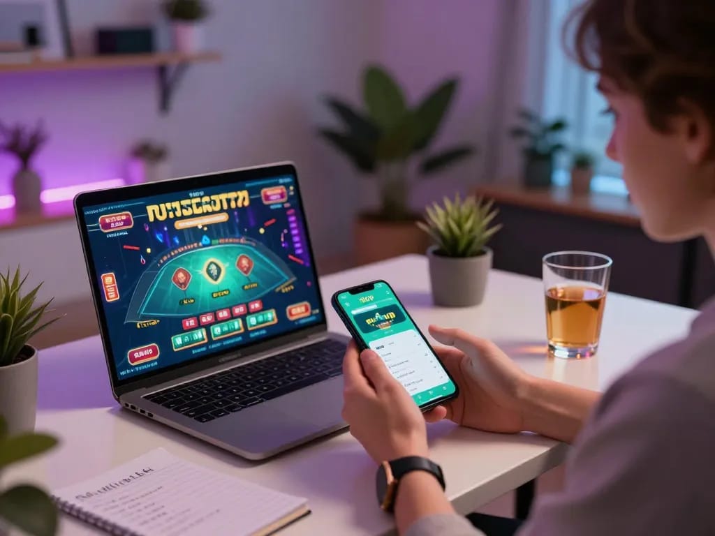 Player enjoying a strategic session on rikvip casino app in a cozy home gaming setup.