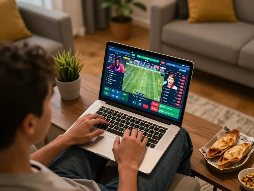 Person engaging in online sports betting on dinamit4d, showcasing strategic decision-making in a cozy home.