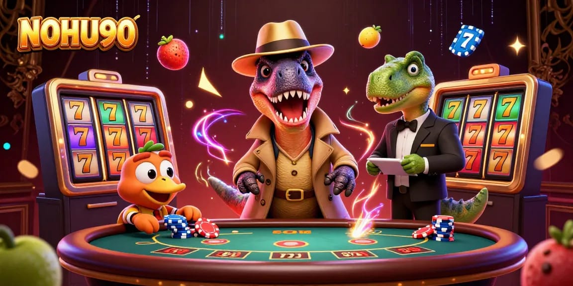 Engage with NOHU90's slot experience featuring a cartoon velociraptor at a blackjack table.