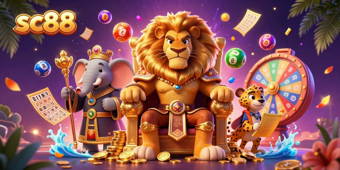 sc88 slots and games presentation featuring a lion king, elephant advisor, and cheetah messenger in a vibrant casino scene