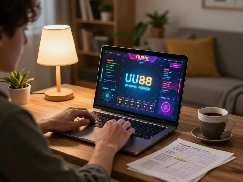 Engaging with online gaming at UU88 in a cozy home setting, emphasizing strategy and comfort