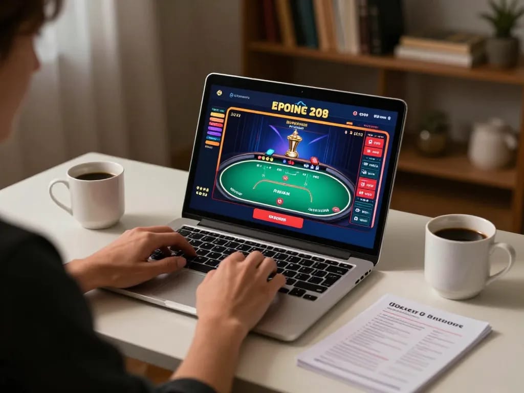 Engaged player enjoying online poker at home with 98 win strategy notes beside