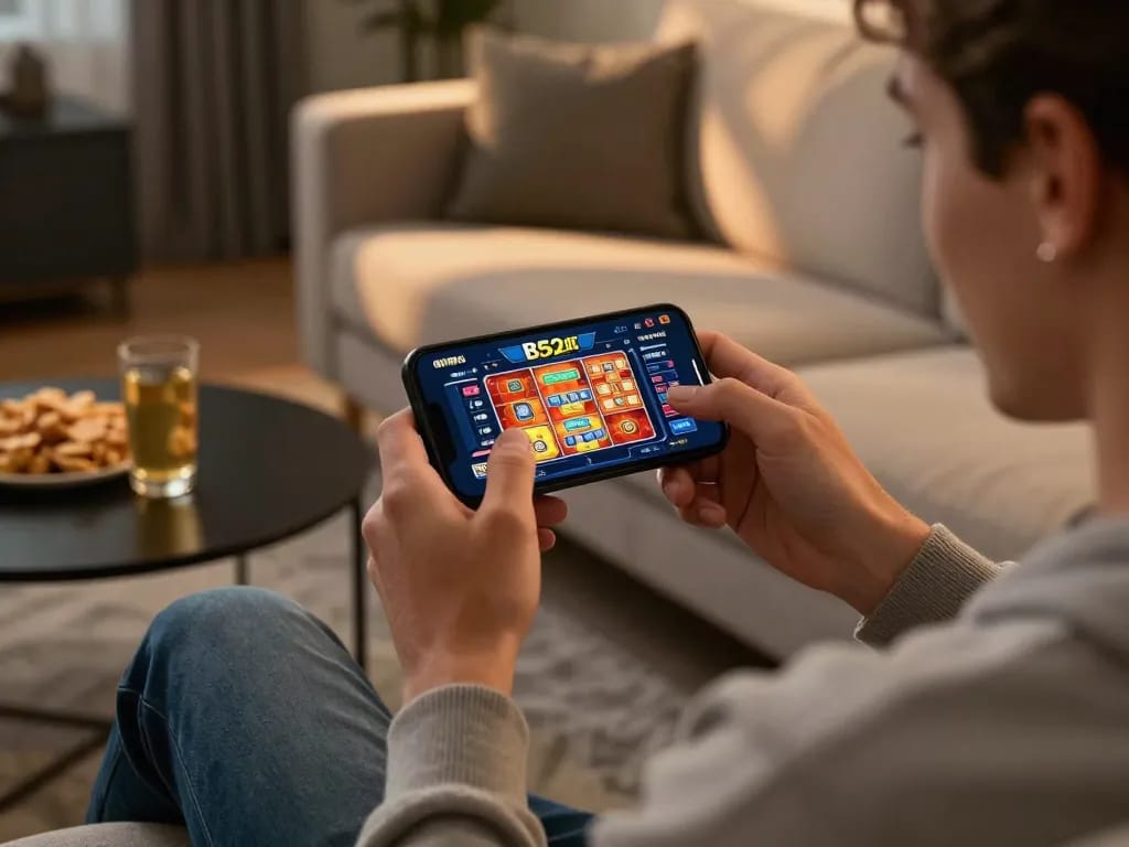B52CLUB mobile gaming experience on smartphone in a cozy home setting.