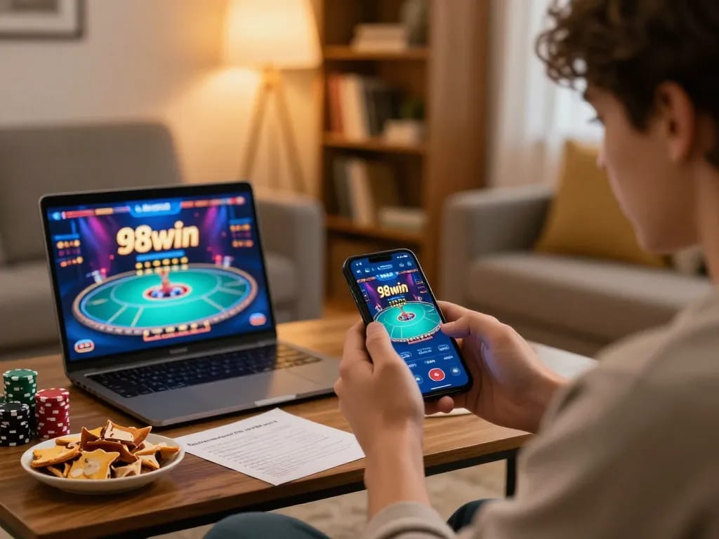 Engaging in a mobile gaming session with the 98win app, showcasing the excitement of online gambling