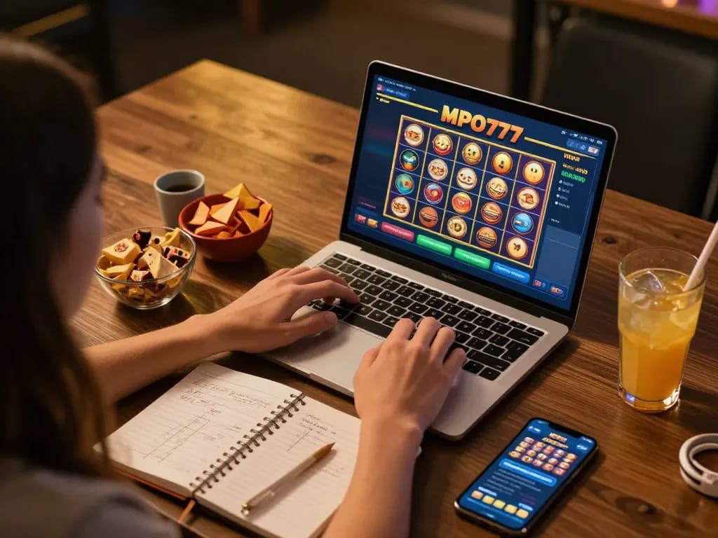 Engaging in gameplay on slot mpo777 with laptop, showing vibrant snacks and a cozy gaming space.