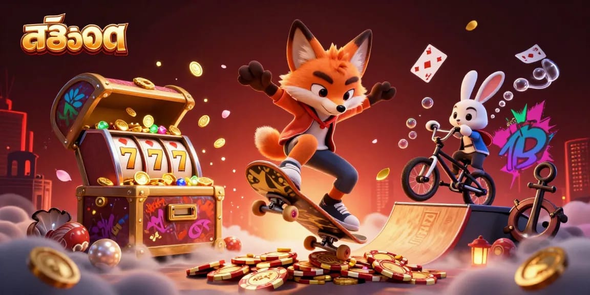 Experience thrilling slots action with สล็อต as the cartoon fox performs stunts over poker chips.