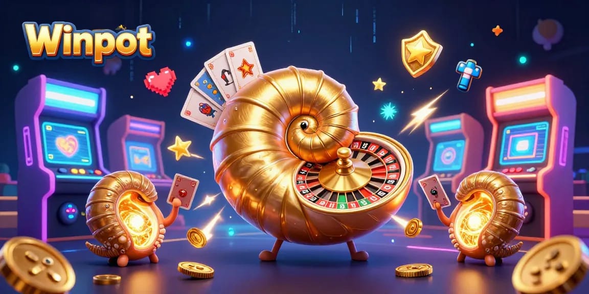 Winpot showcases an ancient nautilus as a roulette wheel in a vibrant casino scene, enhancing gaming excitement.