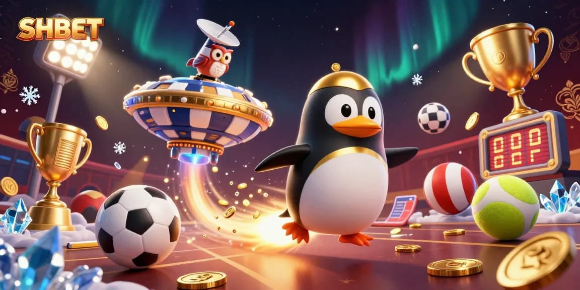 SHBET launches a golden penguin in a thrilling cosmic casino journey packed with betting excitement.