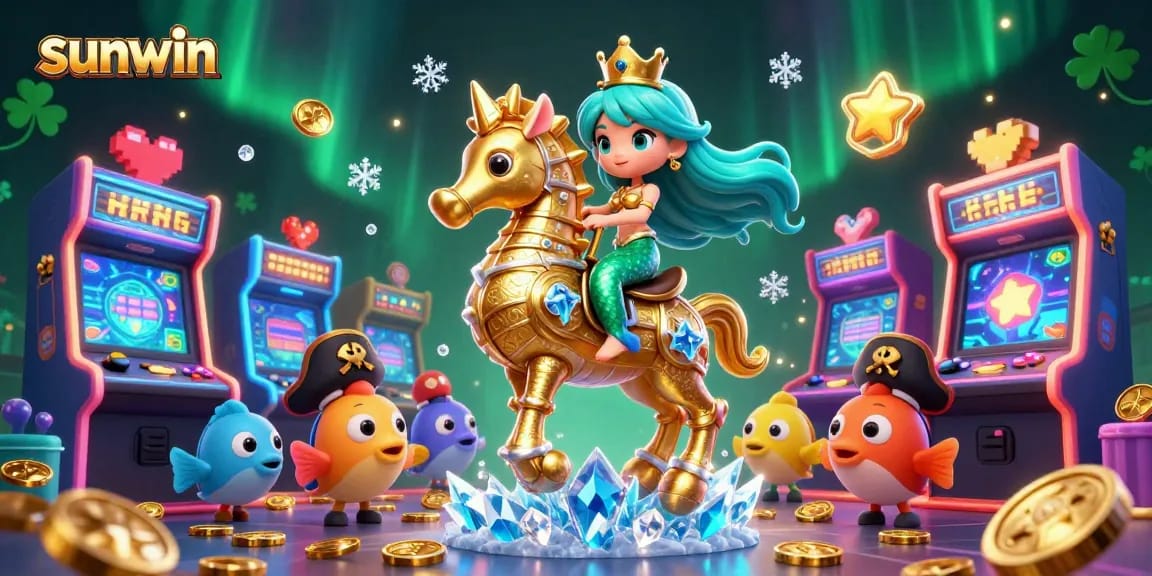 Experience sunwin's gaming magic with a vibrant underwater scene of a mermaid, seahorse, and fish in action.