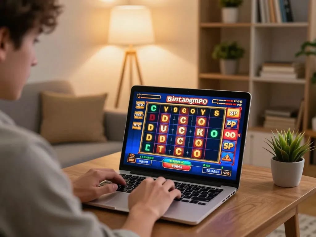 Pemain Bintangmpo berinteraksi dengan slot online yang cerah di laptop dalam suasana rumah yang nyaman