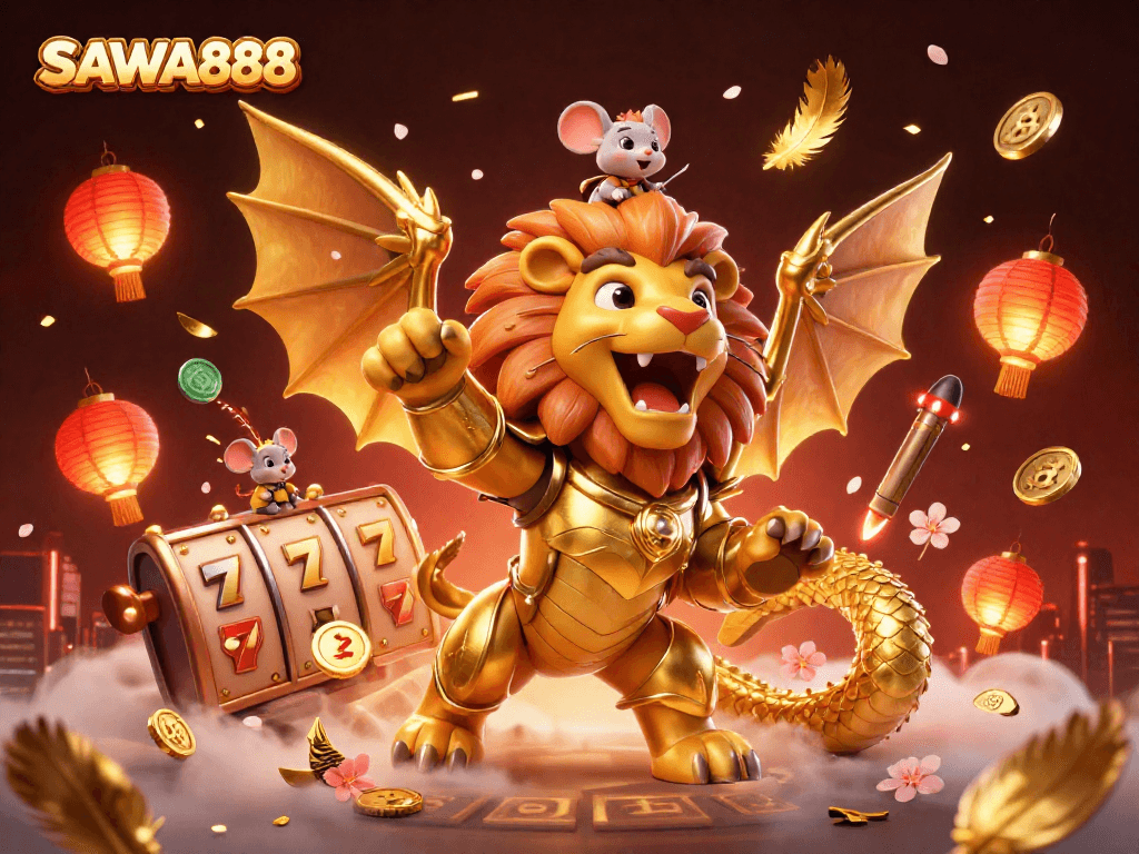 SAWA888 presents a captivating casino scene with a golden chimera and lively slot elements.