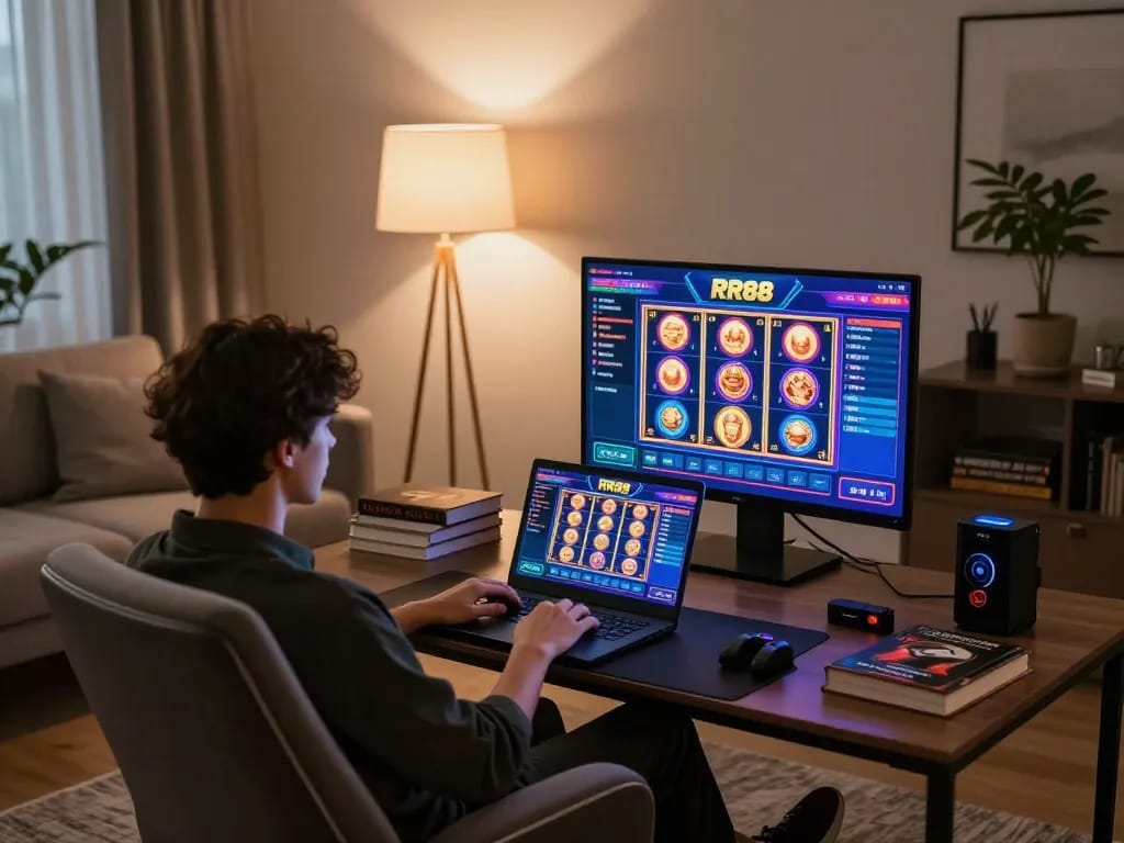 Player exploring RR88 online casino on laptop, showcasing vibrant games in a cozy living setup.
