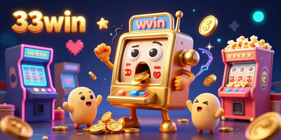 Engage with the excitement of 33win as a golden slot machine celebrates its jackpot amid flying coins and cheering machines.