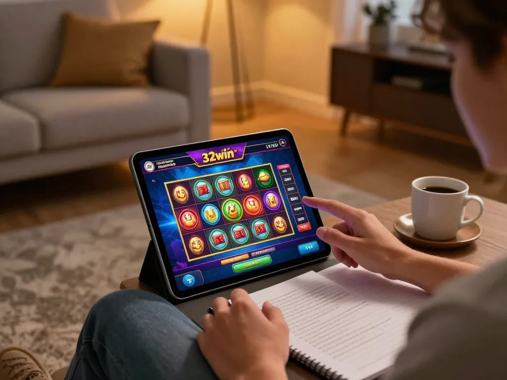 Experience the excitement of 32win by playing slots on a modern tablet in a cozy living room.