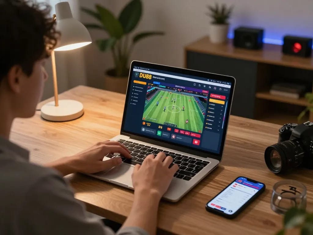 Engaging with DU88 app for live sports betting from a cozy home setup.