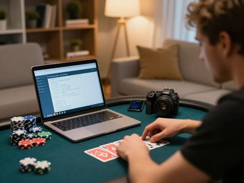 Engaged player tracking bankroll on smartphone while playing poker online at https://sc88.casino/ in cozy home setting.