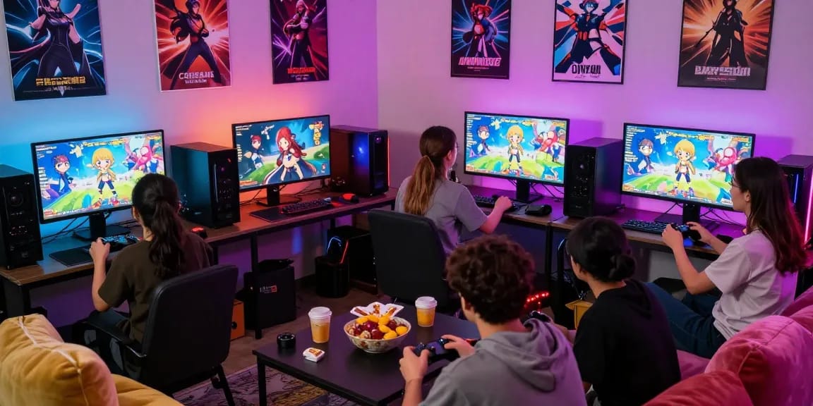 Group gaming together, enjoying an ecchi game with vibrant LEDs and cozy atmosphere.
