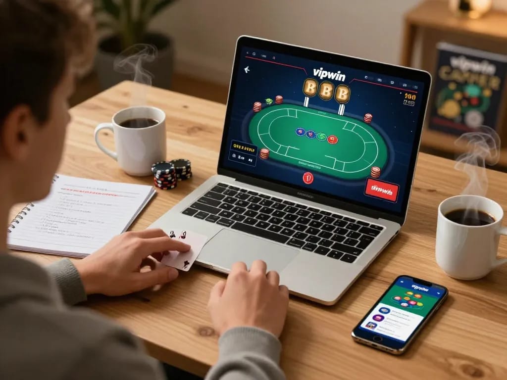 Player enjoying online poker on vipwin with notes and strategy materials in a comfortable setting.