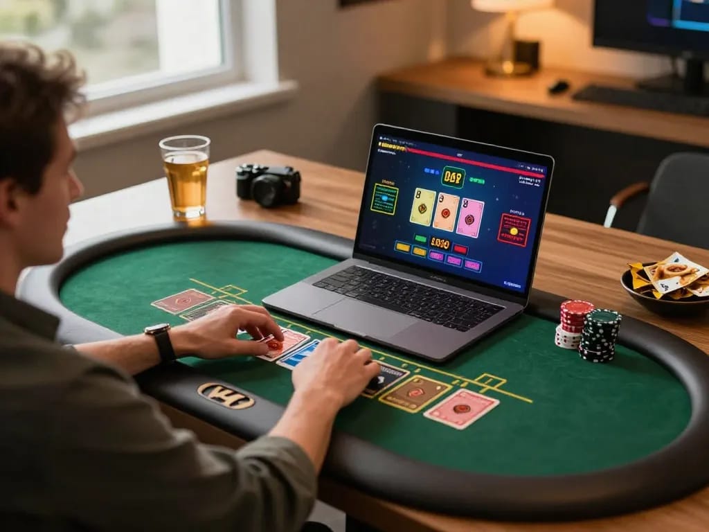 Engaging in live dealer blackjack on LV88 setup, player intently focusing on game