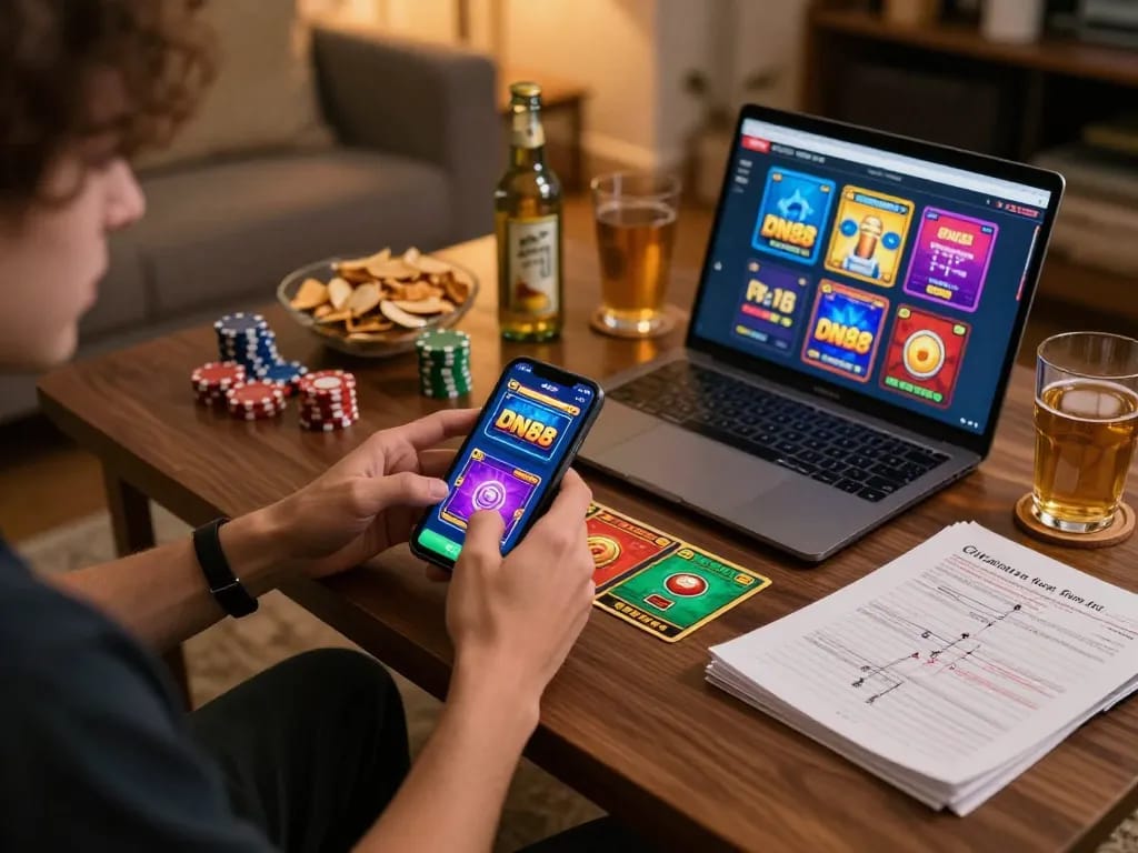 Player engaging with DN88 casino app on smartphone in a cozy home setting, emphasizing responsible gaming.