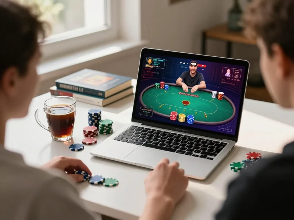 Home gamer using HM88 poker strategy on laptop, engaging in online gameplay
