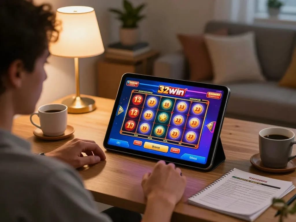 Play exciting slot machines on 32win in a comfortable home setup, highlighting strategic gaming.