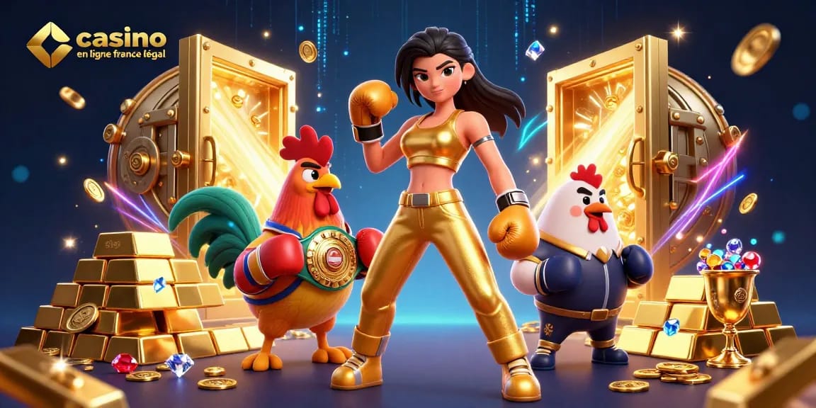 Engage with casino en ligne france légal featuring a powerful woman and a champion rooster amidst treasures.