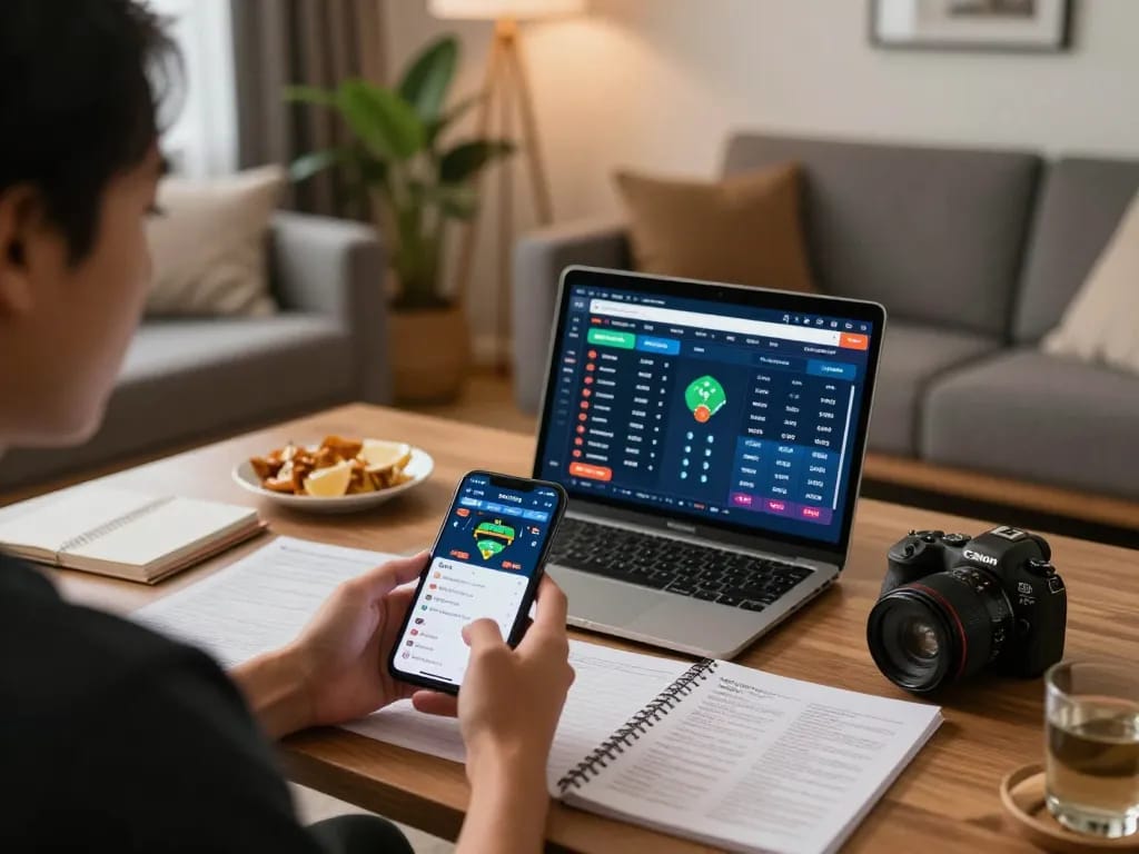 Placing bets on kèo nhà cái via smartphone in a cozy living room with strategic notes.