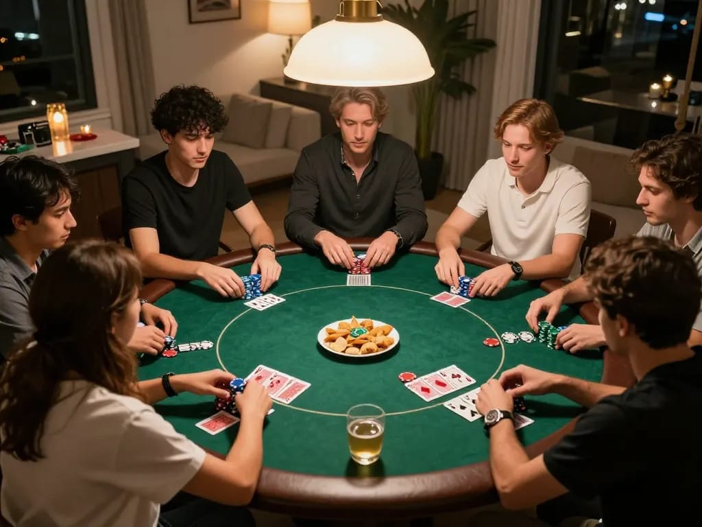 Players engaged in a friendly poker game at home showcasing open88 com gaming spirit.