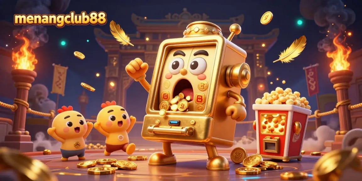 Experience the excitement of menangclub88 as a golden slot machine hits the jackpot with cheering companions in a lively casino scene.