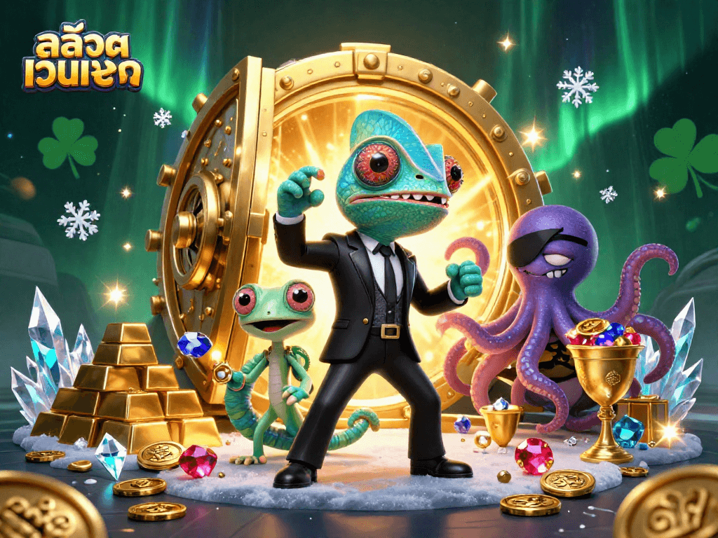 Engage with สล็อตเว็บตรง in a rich casino scene showcasing playful characters and treasures.