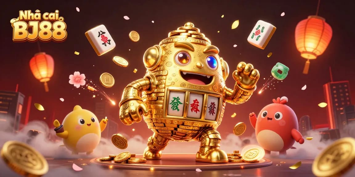Play exciting games at Nhà cái BJ88, featuring a vibrant golden golem and attractive casino elements.
