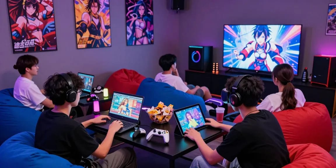 Players enjoying various hentai games in a colorful gaming lounge setting.