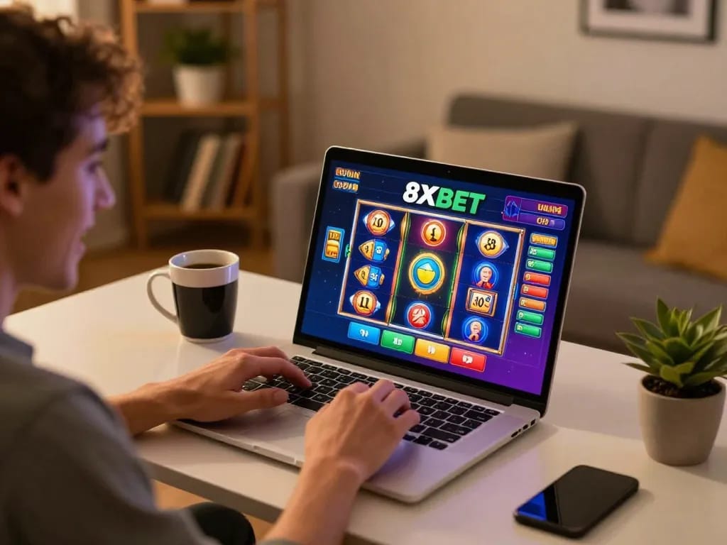 Player engaging with 8xbet online casino on laptop, showcasing dynamic gaming interface