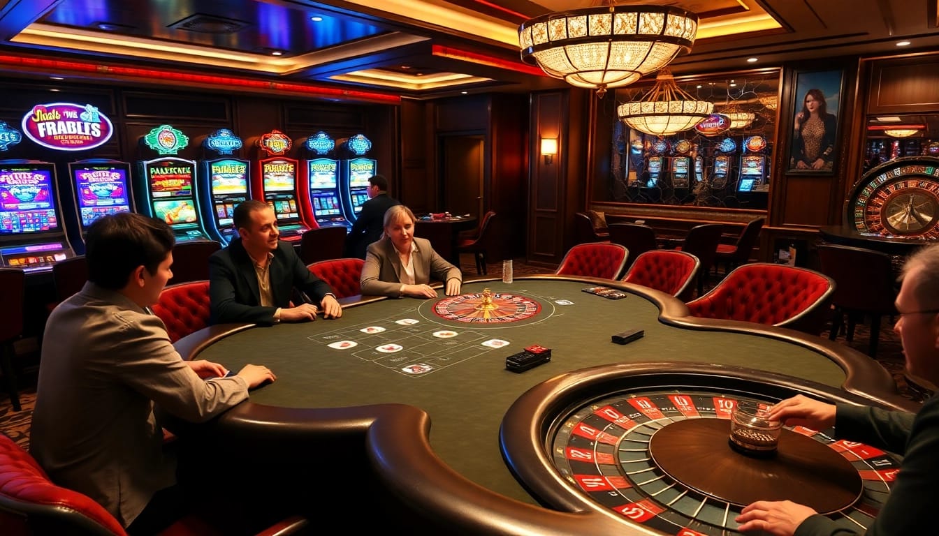 Experience the thrill of pg88 at a luxurious casino poker table with vibrant slot machines.