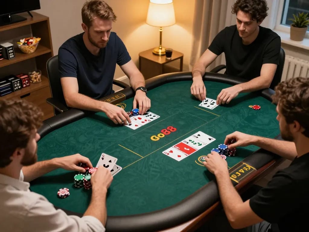 Players enjoying online poker on Go88, showcasing strategic gameplay in a vibrant home setting.