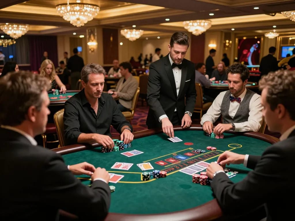 Players strategically engaging in a high-stakes blackjack game at Juraganbet88's luxurious casino.