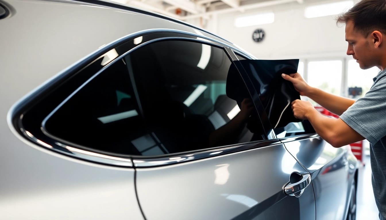 Install window tint Chattanooga on a car with precision and care in a bright garage.