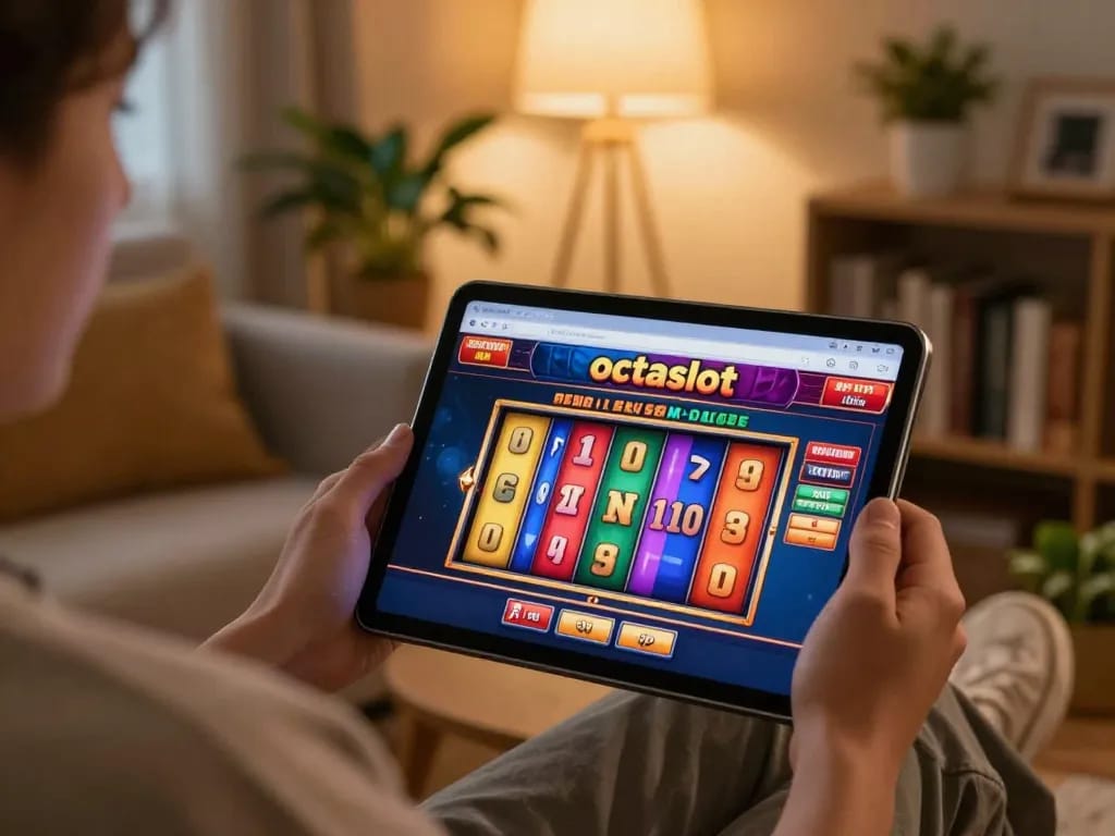 Player enjoying a spinning octaslot game on tablet in a cozy living room setting, showcasing online gambling.