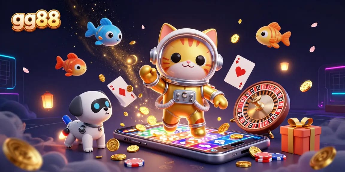 Engage with gg88's vibrant casino experience through a dynamic 3D scene featuring astronauts, robots, and immersive gambling elements.