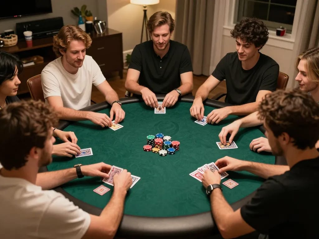 W4U players strategizing over a friendly poker game, chips and cards visible in an inviting atmosphere